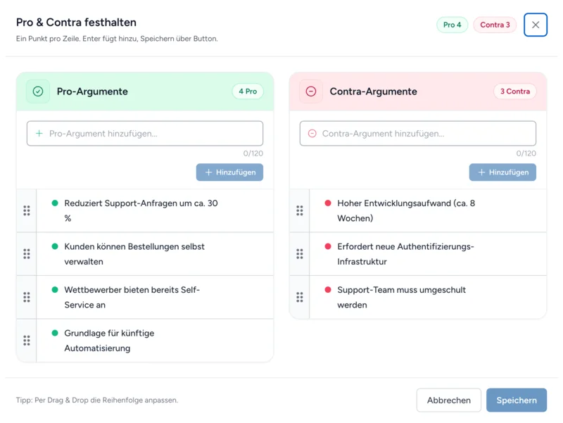 Pro/Contra-Analyse für Teams