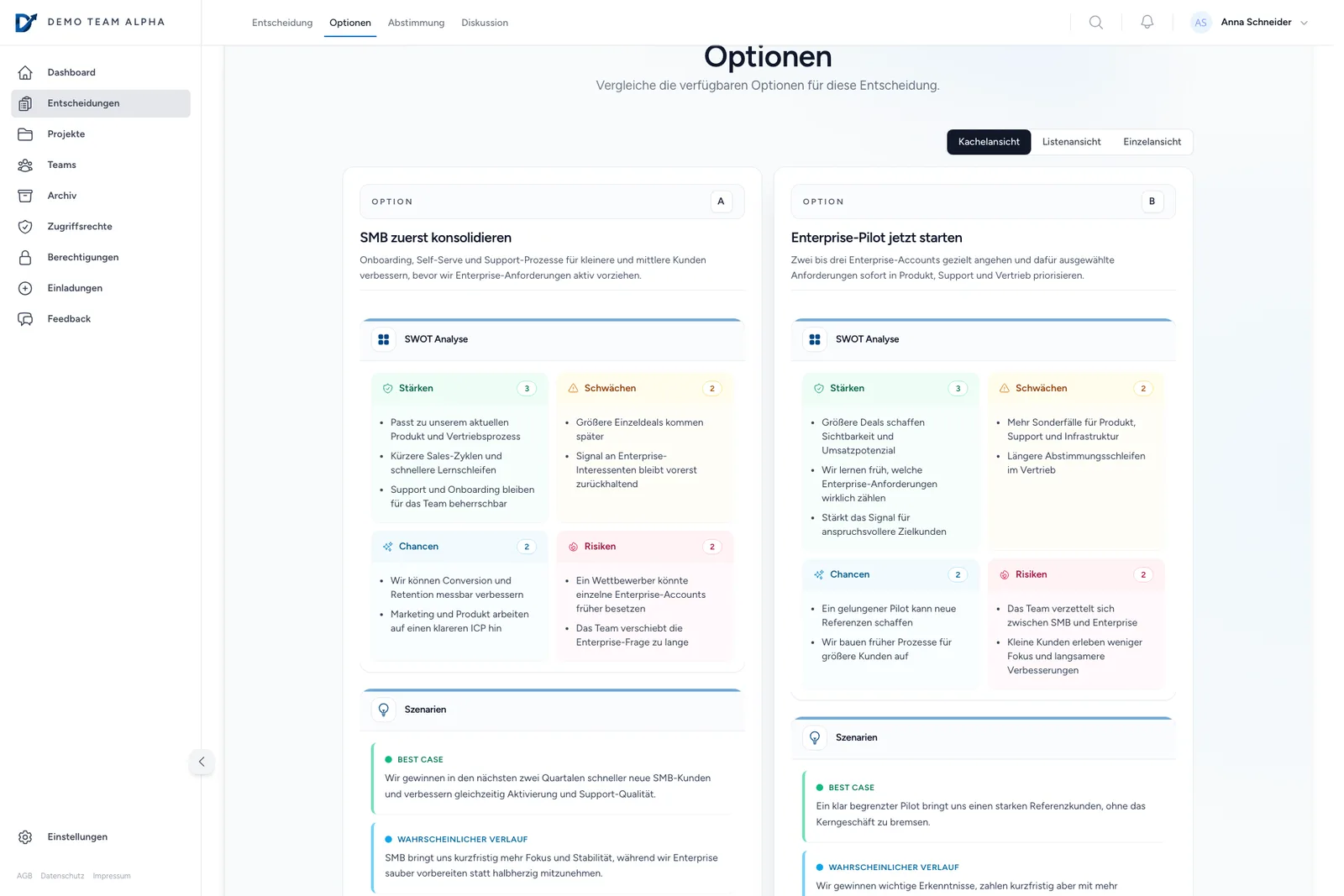 DecTrack Entscheidungsansicht mit Optionen, Analyse und Team-Abstimmung